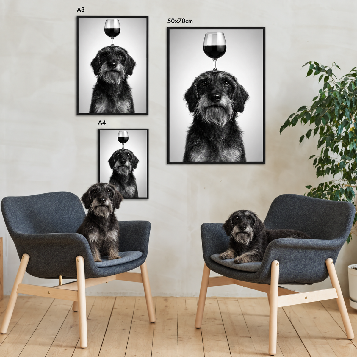 Poster personalizzati con cane e calice, formati A3 e A4, con cornici moderne.