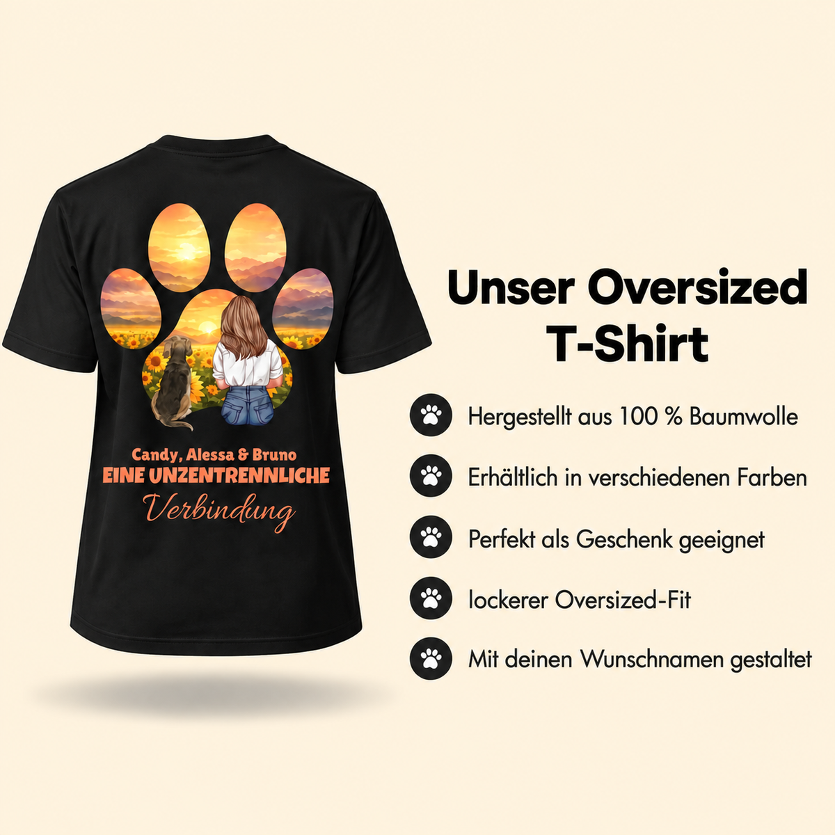 T-shirt nera in 100% cotone con design animale personalizzabile e il testo "Eine unzertrennliche Verbindung".