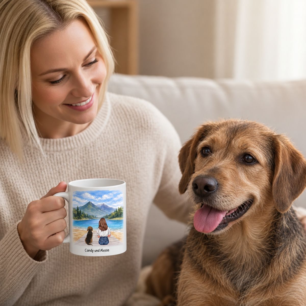 Persona che beve da una tazza bianca personalizzata con paesaggio, seduta accanto a un cane.