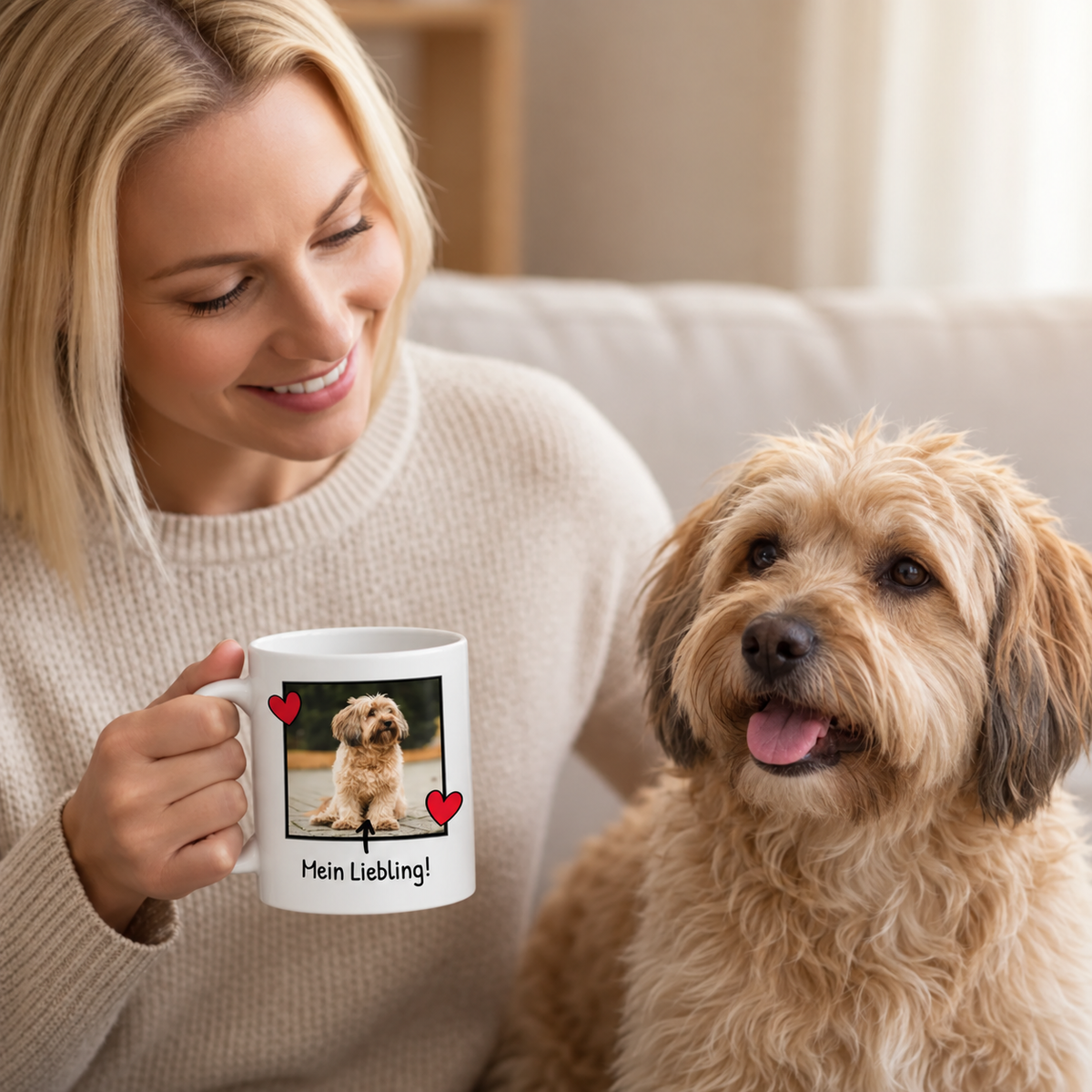 Persona che tiene una tazza personalizzata con foto di cane e testo, seduta su un divano con un cane accanto.