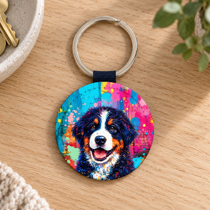 Portachiavi rotondo con motivo di cane colorato e design street art.