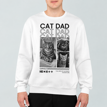 Felpa bianca con stampa "Cat Dad" e immagini di gatti.