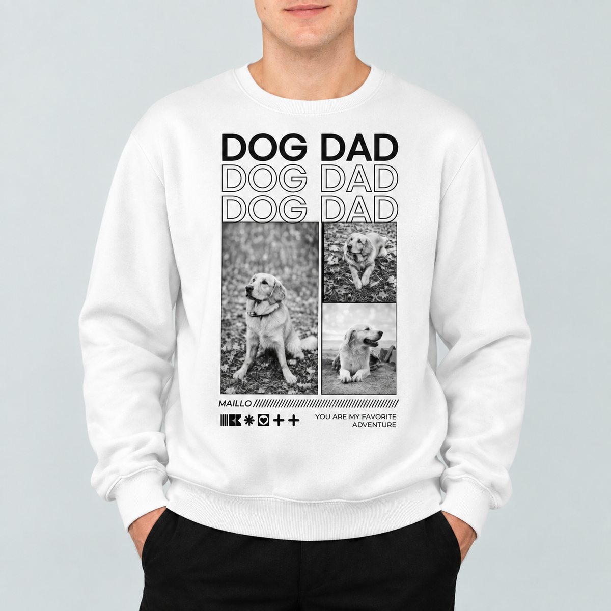 Felpa bianca con la scritta "DOG DAD" e tre foto in bianco e nero di un cane.