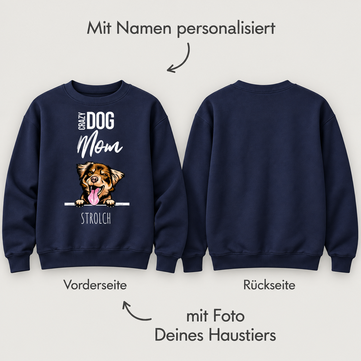 Felpa blu scuro per genitori di animali con motivo di cane e nome personalizzabile.