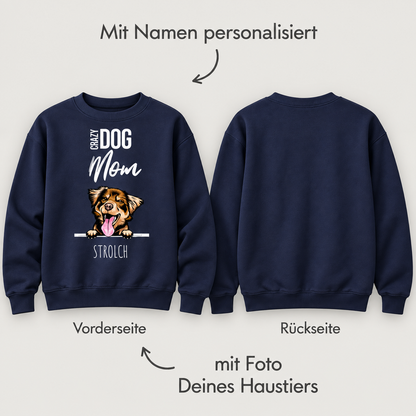 Felpa blu scuro per genitori di animali con motivo di cane e nome personalizzabile.