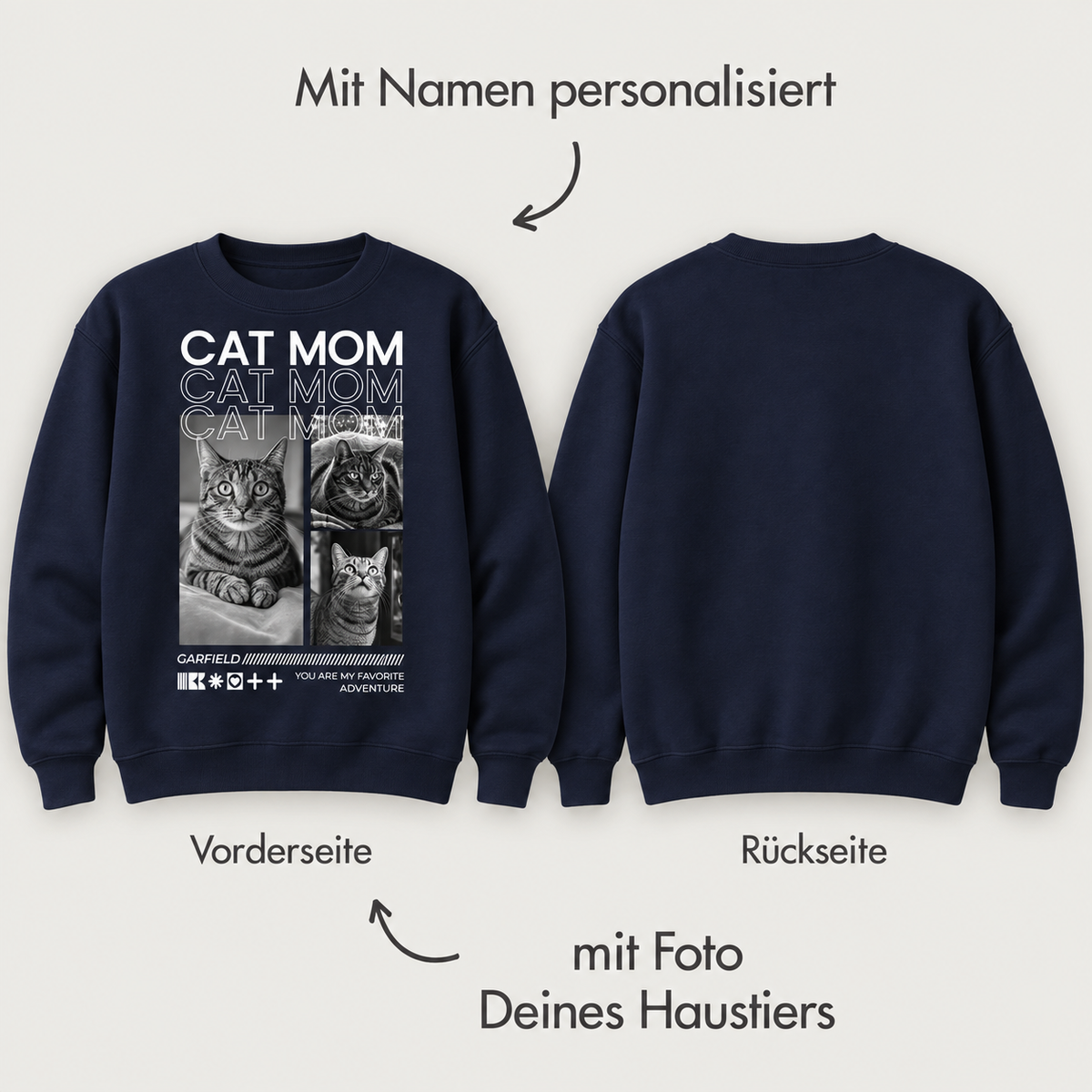Felpa blu scuro con scritta personalizzabile "Cat Mom" e motivi di gatti sul davanti.