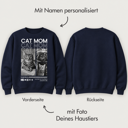 Felpa blu scuro con scritta personalizzabile "Cat Mom" e motivi di gatti sul davanti.