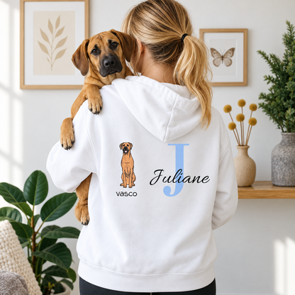 Felpa con cappuccio bianca con iniziale personalizzata "J" e design di cane, perfetta per uno stile unico.