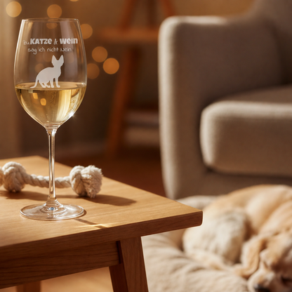 Bicchiere da vino personalizzato con motivo di gatto e scritta su un tavolo di legno, con un cane sullo sfondo.