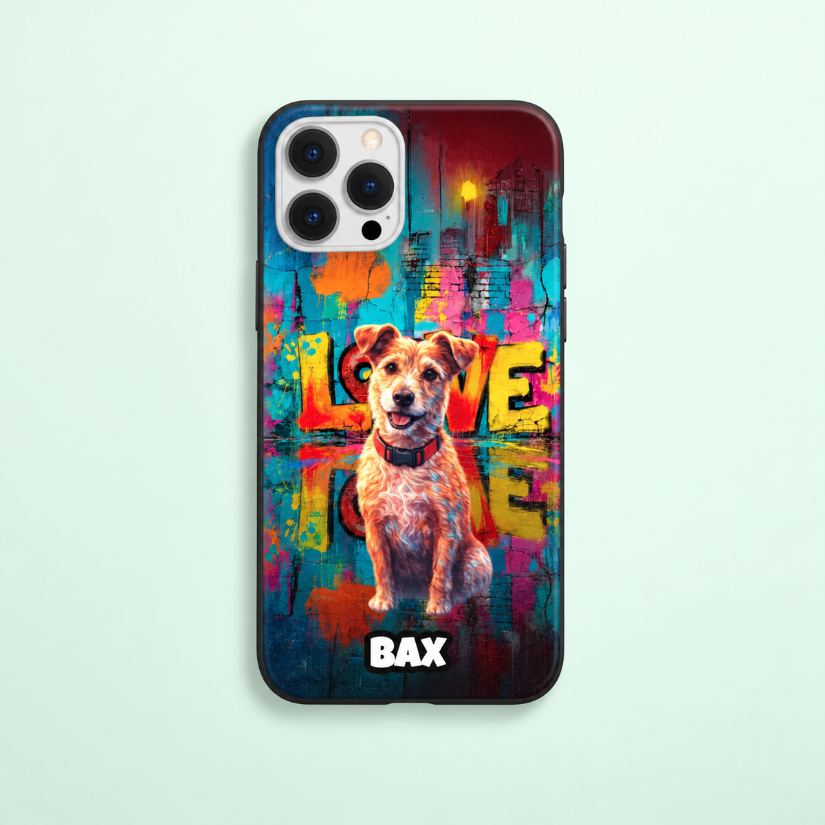 Cover per cellulare personalizzata con motivo di cane ed elementi street art in blu, giallo e rosa.