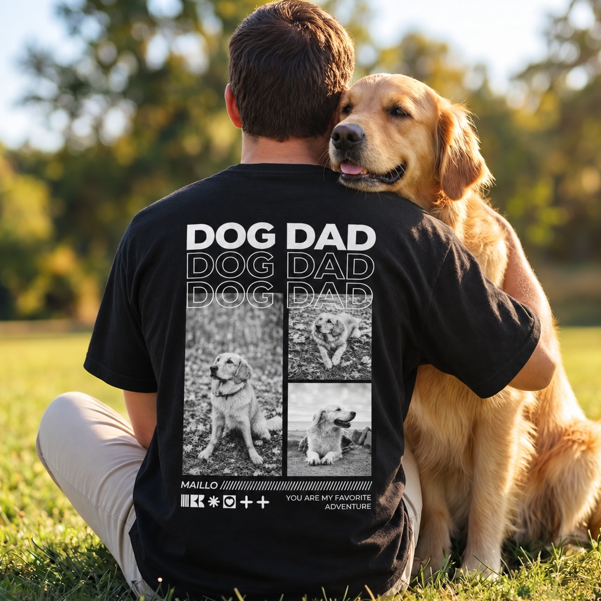 T-shirt nera con la scritta "DOG DAD" e collage di foto di cani sul retro.