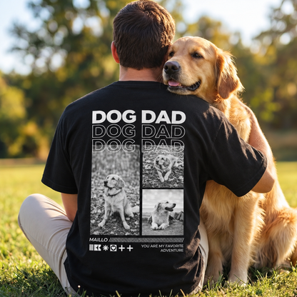 T-shirt nera con la scritta "DOG DAD" e collage di foto di cani sul retro.