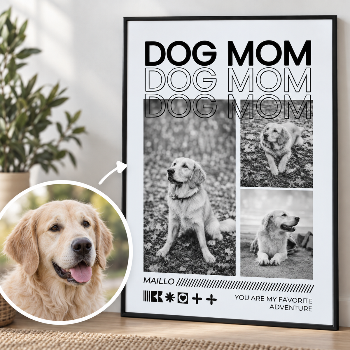 Poster personalizzato con la scritta "DOG MOM" e foto di un golden retriever. Cornice nera.