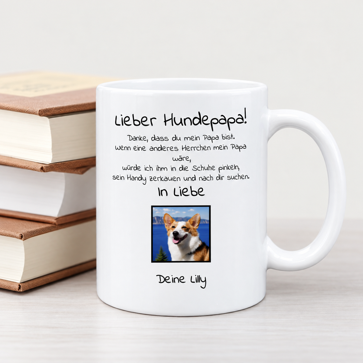 Tazza bianca personalizzata con testo per papà di cane e foto di un cane.