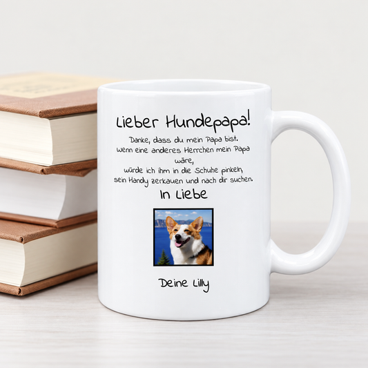 Tazza bianca personalizzata con testo per papà di cane e foto di un cane.