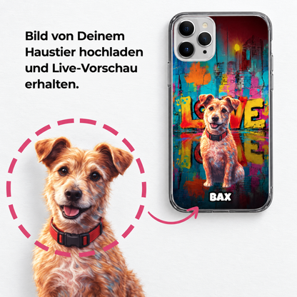 Cover per cellulare personalizzata con design street art e cane. Retro trasparente.