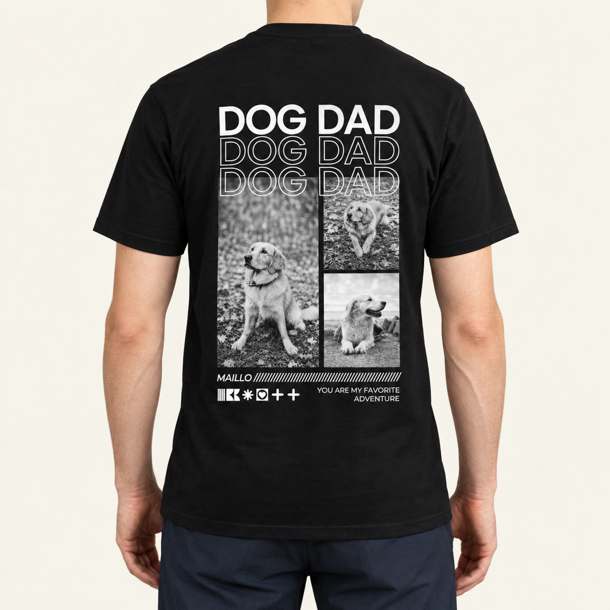 T-shirt nera con la scritta "DOG DAD" e foto di cani sul retro. Cotone, vestibilità comoda.