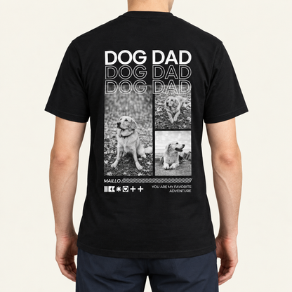 T-shirt nera con la scritta "DOG DAD" e foto di cani sul retro. Cotone, vestibilità comoda.