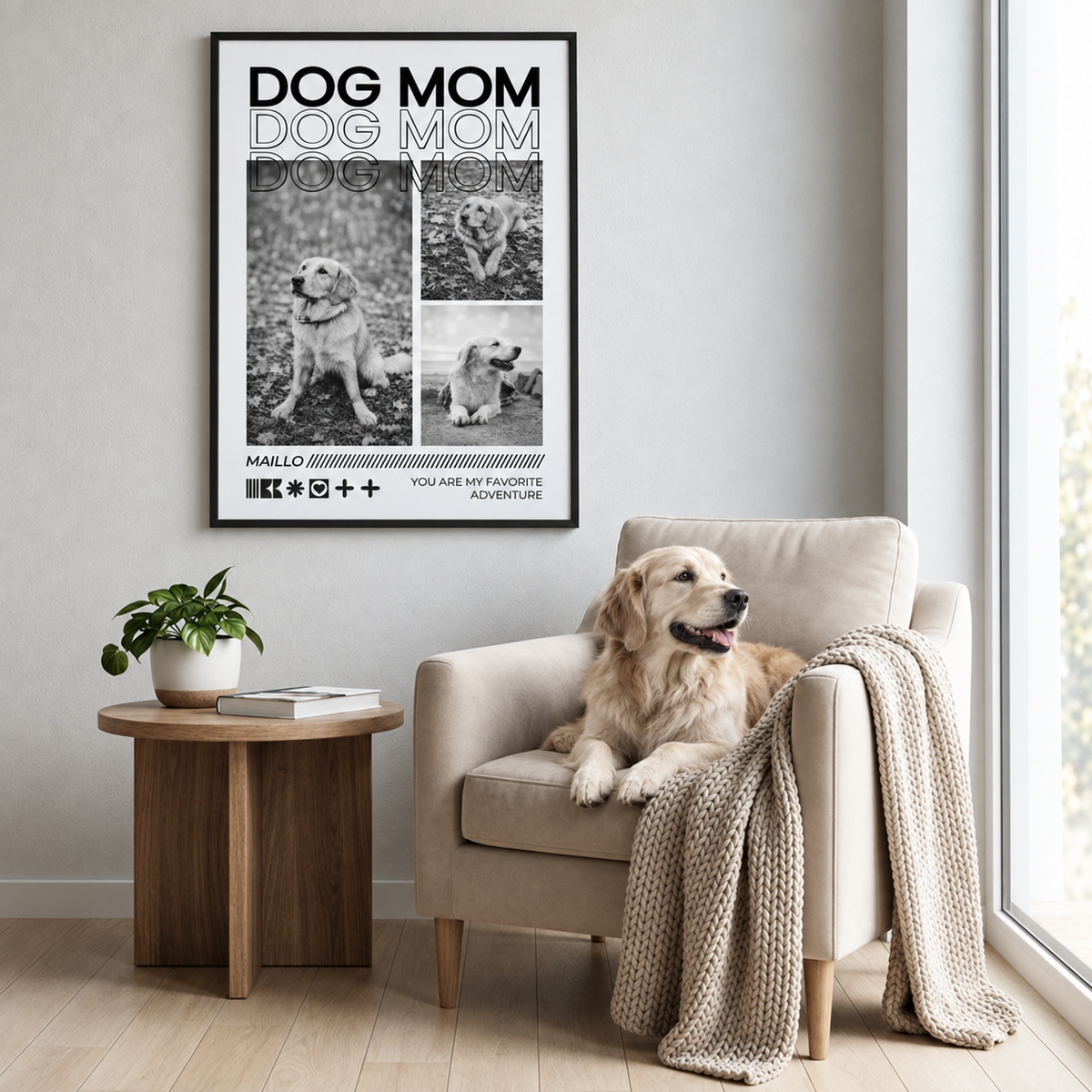 Poster personalizzato con la scritta "Dog Mom" e foto di golden retriever, senza cornice in un soggiorno moderno.