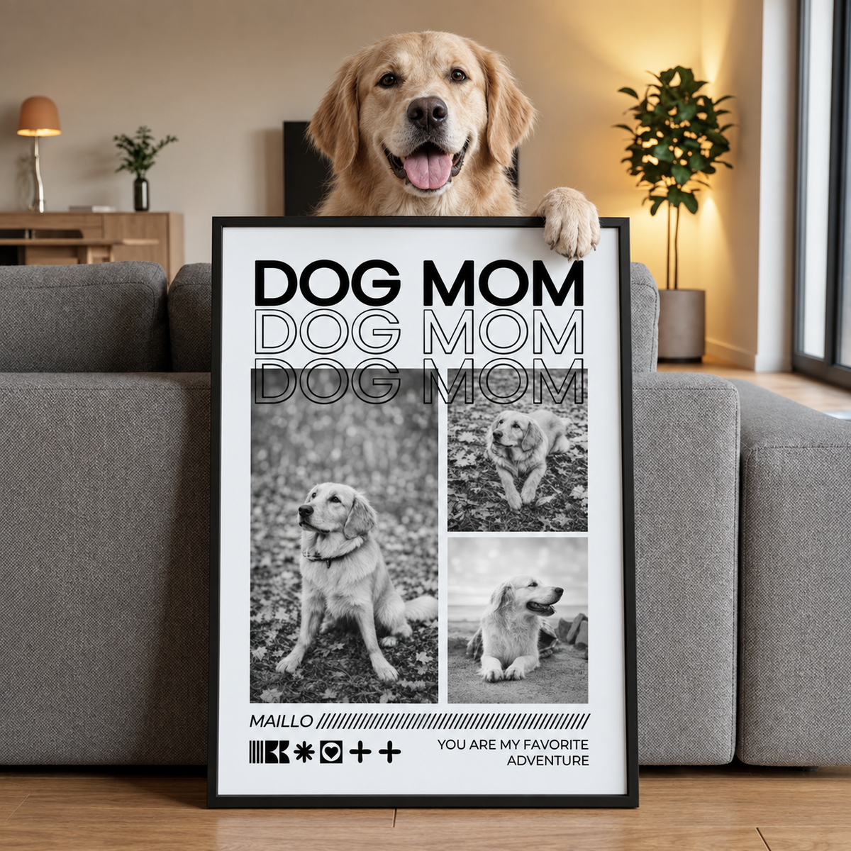 Poster personalizzato con il testo "DOG MOM" e foto di cani in una cornice moderna.