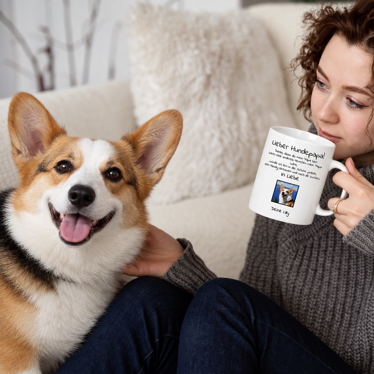 Persona che beve da una tazza bianca con la scritta "Lieber Hundepapa", un cane seduto accanto.