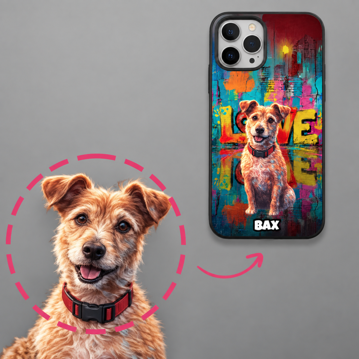 Cover per cellulare personalizzata con design street art e motivo di cane in colori vivaci.