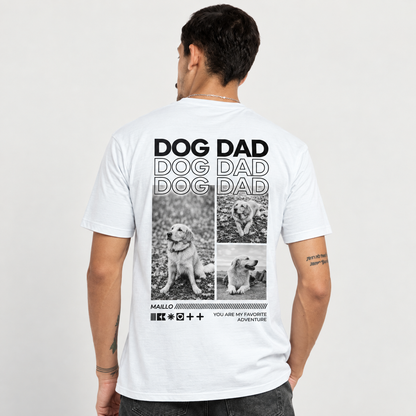T-shirt bianca con la scritta "DOG DAD" e tre foto di cani sul retro.