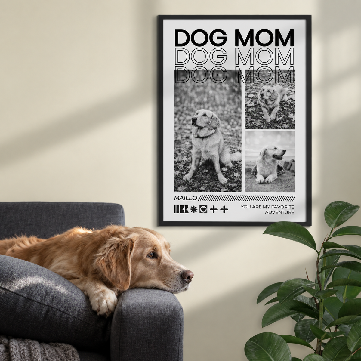Cornice con poster personalizzato con il testo "DOG MOM" e foto di cani in bianco e nero.