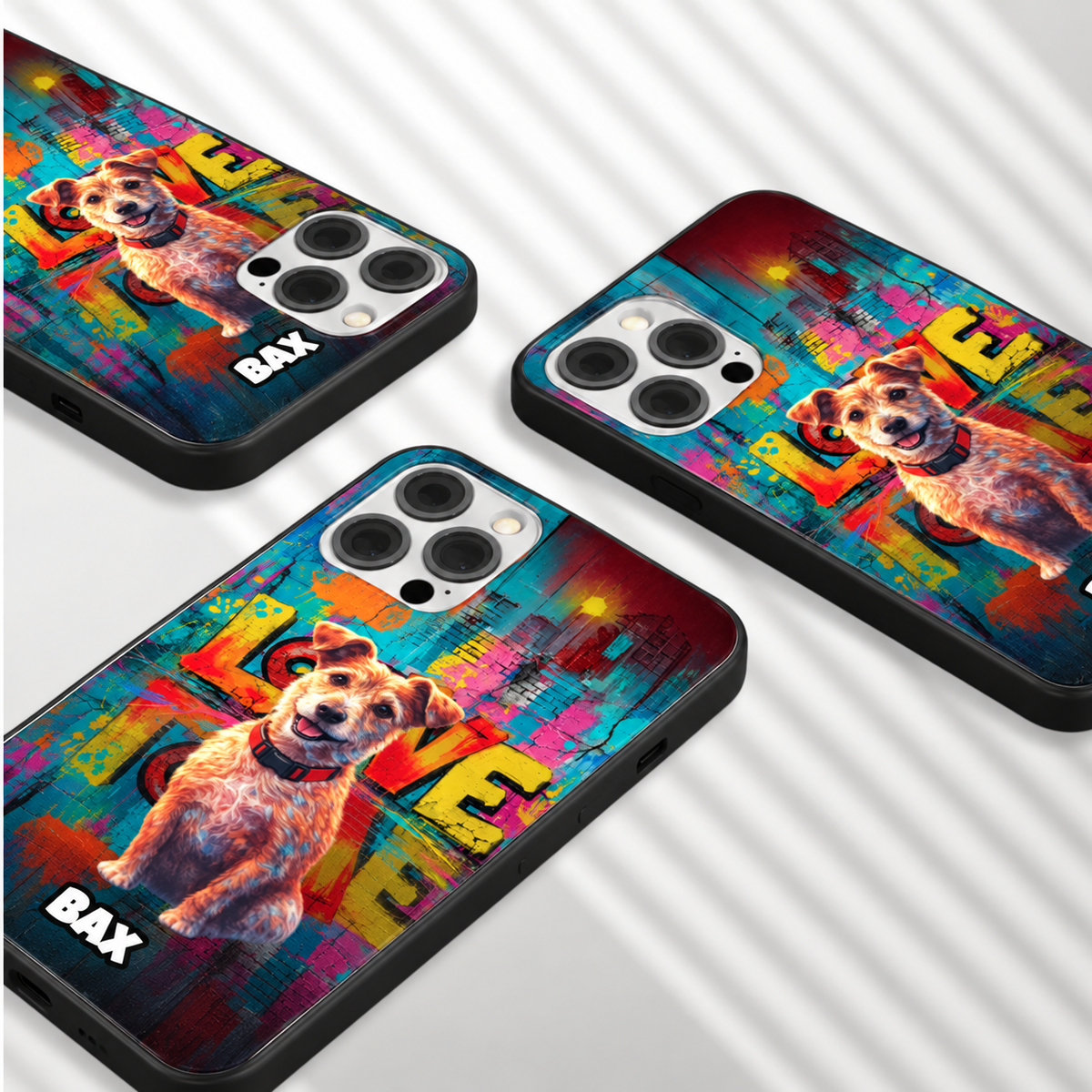 Cover nere personalizzate con colorato design street art e motivo di cane.