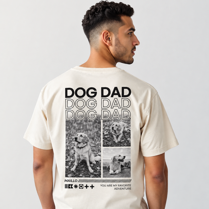 T-shirt beige con grafica "DOG DAD" e foto nere di cani sul retro.