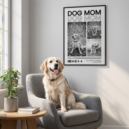 Poster personalizzato con il testo "DOG MOM" in nero e foto di un cane, incorniciato. Cane seduto su una poltrona grigia.