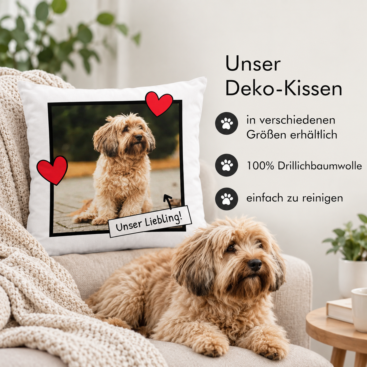 Cuscino personalizzato con foto e cuori, fodera in 100% cotone drill, facile da curare.