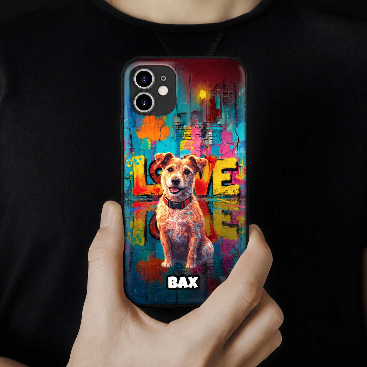 Cover per cellulare personalizzata con illustrazione di cane e colorato design street art.