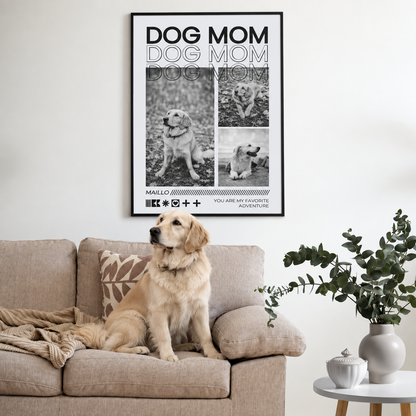 Poster personalizzabile intitolato "Dog Mom" con foto di golden retriever, incorniciato e appeso.
