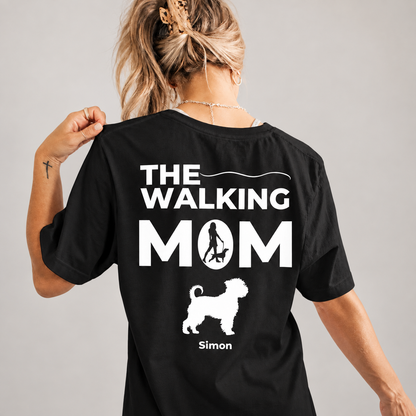 T-shirt nera con la scritta "THE WALKING MOM" e silhouette di cane sul retro.