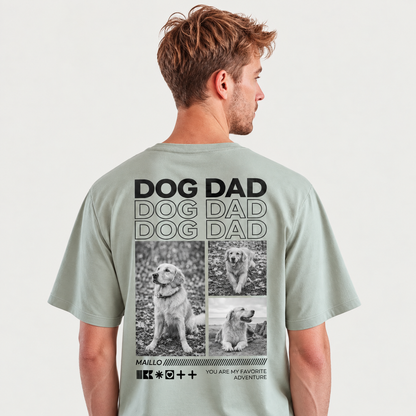 T-shirt verde da uomo con la scritta "Dog Dad" e foto di un cane sul retro.