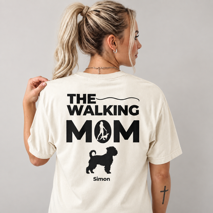 T-shirt beige con scritta nera "THE WALKING MOM" e motivo di cane, personalizzata con il nome Simon.
