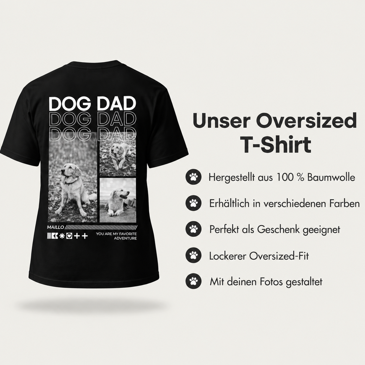 T-shirt nera in 100% cotone con motivo "Dog Dad" e diverse foto di cani. Vestibilità oversize.