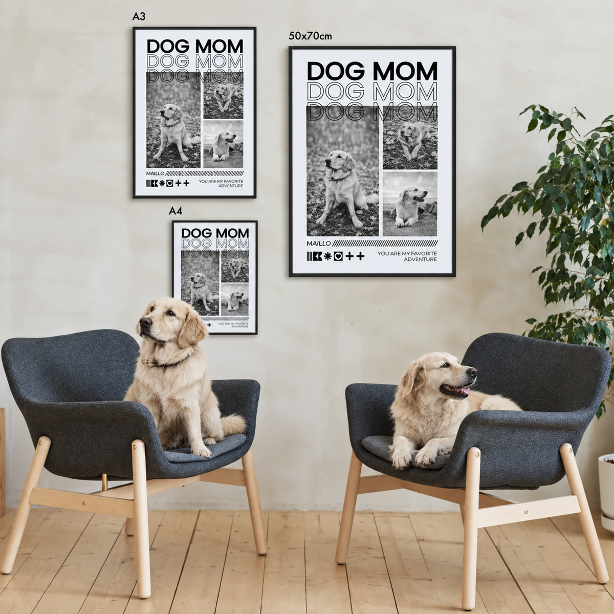 Poster personalizzato "Dog Mom" in bianco e nero, due misure e stili sulla parete, cani sulle sedie.