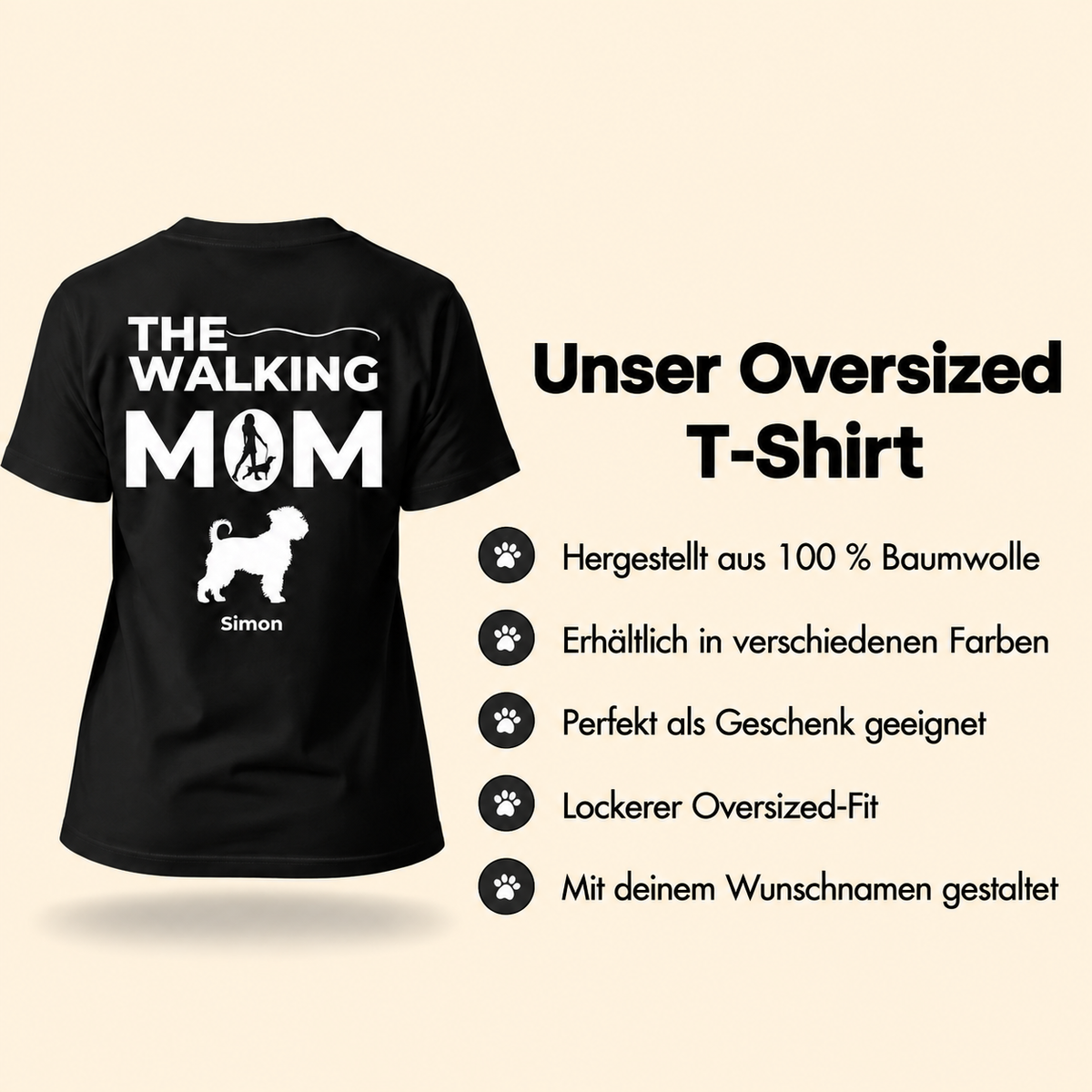 T-shirt oversize nera in 100% cotone, con testo personalizzabile e motivo di cane.