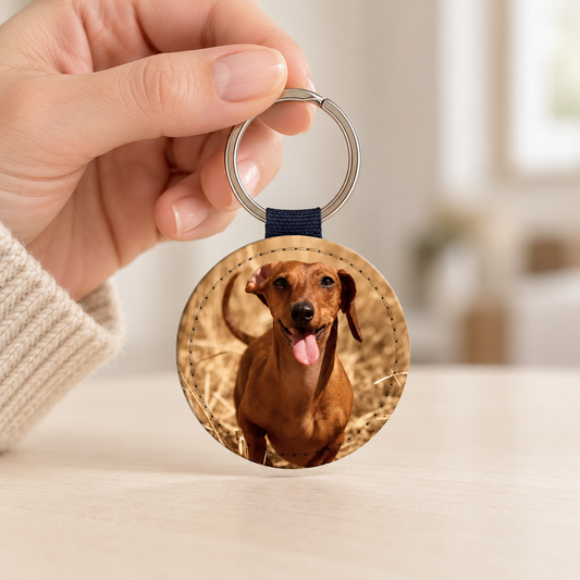Portachiavi personalizzato con ciondolo rotondo e foto di un cane, anello argentato.