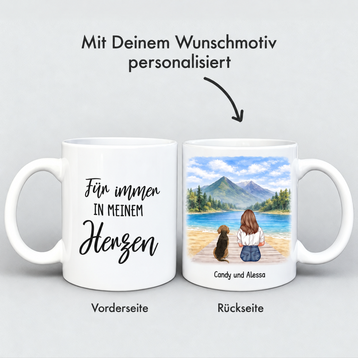 Tazza bianca personalizzata con scritta e illustrazione di una persona con un cane al lago.