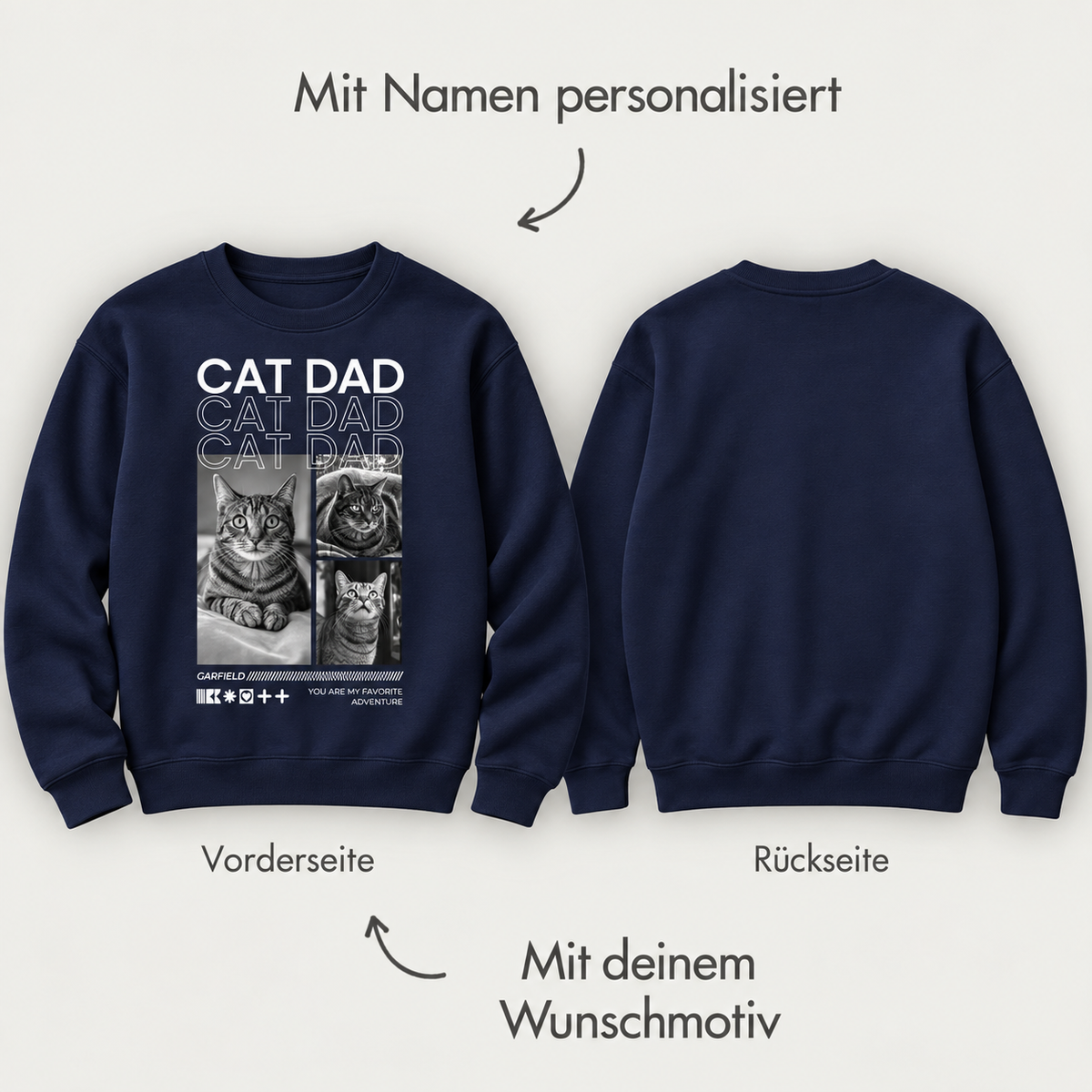 Felpa blu scuro con motivi di gatti sul davanti, personalizzabile con nome. Retro semplice.