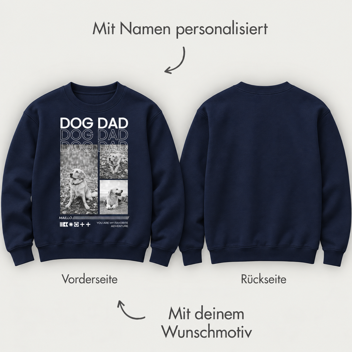 Felpa blu scuro con stampa "DOG DAD" e spazio per la personalizzazione davanti e dietro.