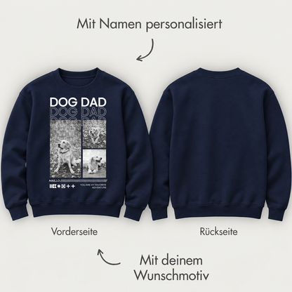 Felpa blu scuro con stampa "DOG DAD" e spazio per la personalizzazione davanti e dietro.