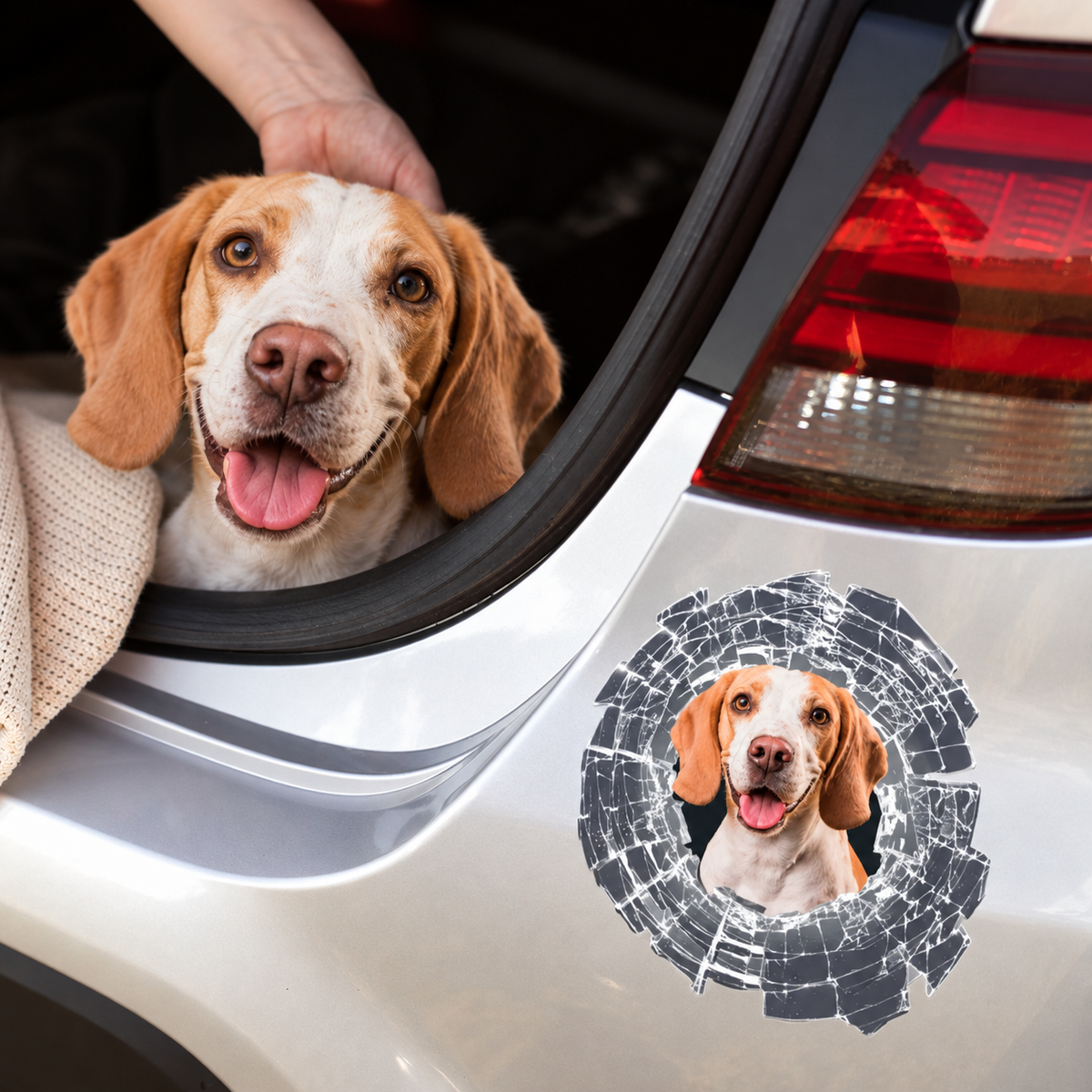 Adesivo per auto personalizzato con motivo di cane sul finestrino di un'auto argentata. Mostra un cane felice.