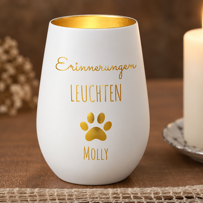 Lumino commemorativo bianco personalizzato con scritta dorata e impronta, con il nome "Molly".