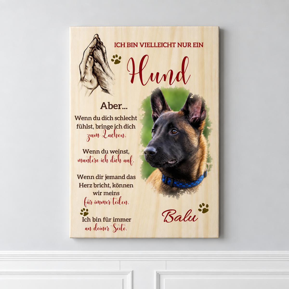 Tela personalizzata con foto di cane, design effetto legno e un messaggio affettuoso su fedeltà e sostegno.