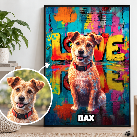 Poster personalizzabile con sfondo street art colorato e foto di cane.