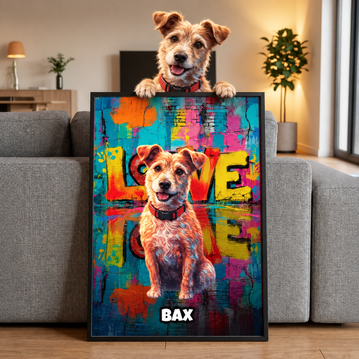Poster personalizzato in stile street art di un cane, sfondo colorato con la parola "LOVE".